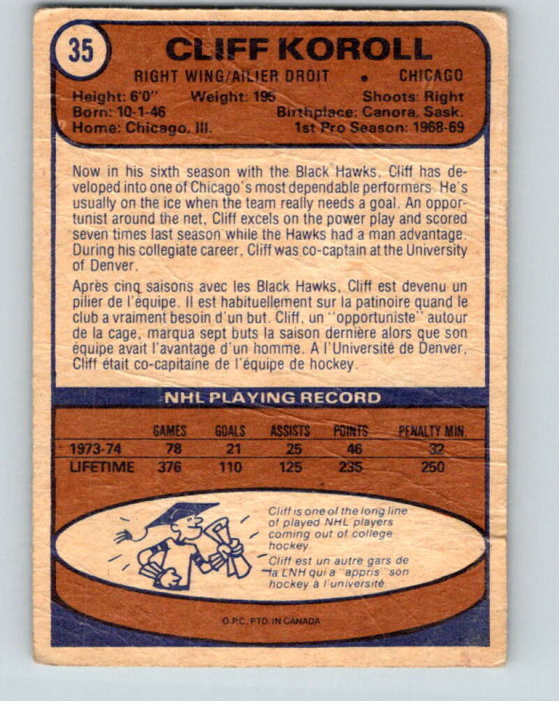 1974-75 O-Pee-Chee #35 Cliff Koroll  Chicago Blackhawks  V4297