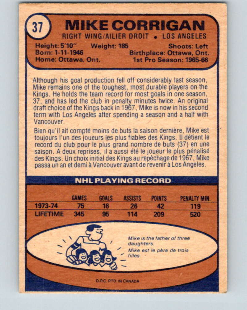 1974-75 O-Pee-Chee #37 Mike Corrigan  Los Angeles Kings  V4298