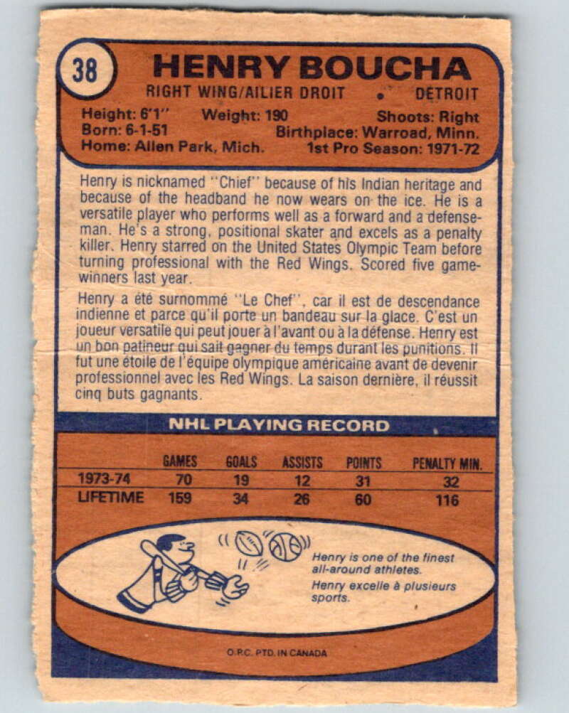 1974-75 O-Pee-Chee #38 Henry Boucha  Detroit Red Wings  V4299