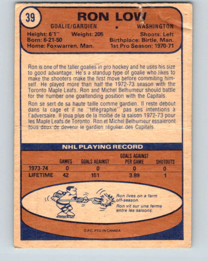 1974-75 O-Pee-Chee #39 Ron Low  Washington Capitals  V4301