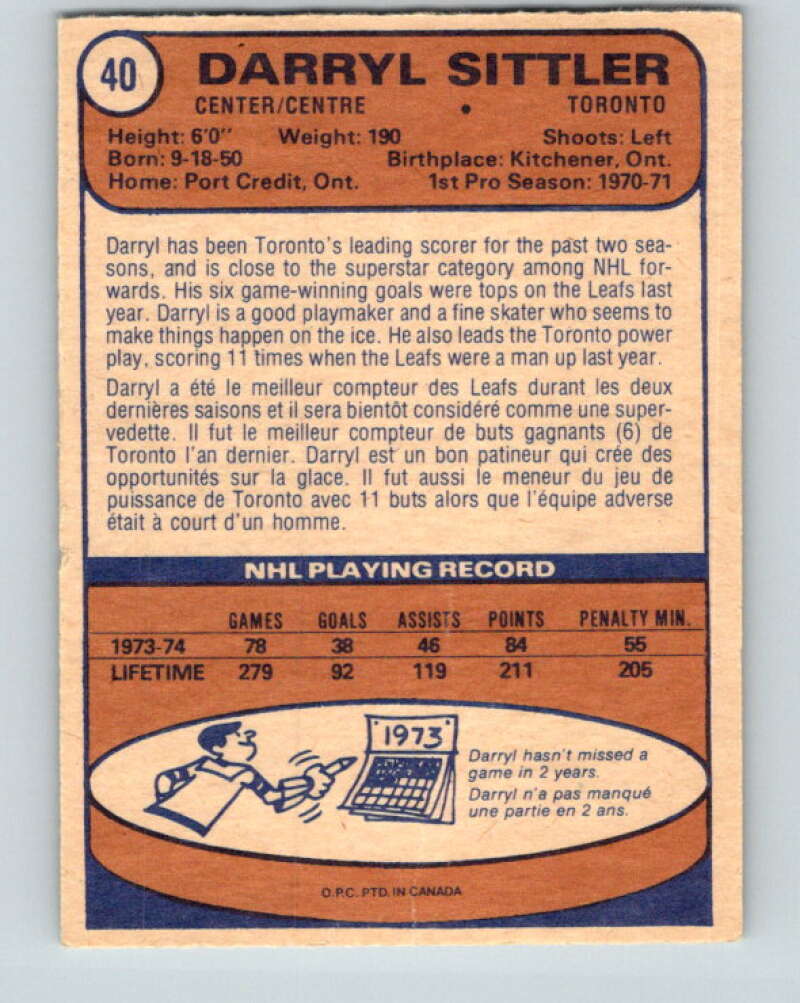 1974-75 O-Pee-Chee #40 Darryl Sittler  Toronto Maple Leafs  V4304