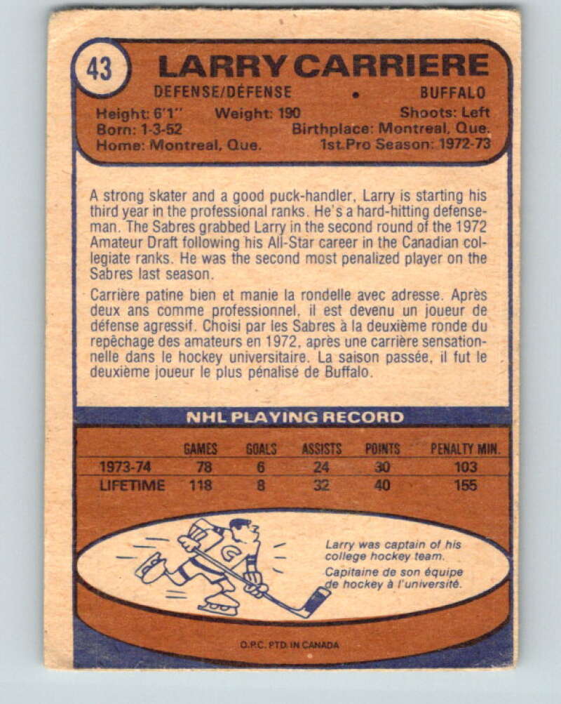 1974-75 O-Pee-Chee #43 Larry Carriere  Buffalo Sabres  V4312