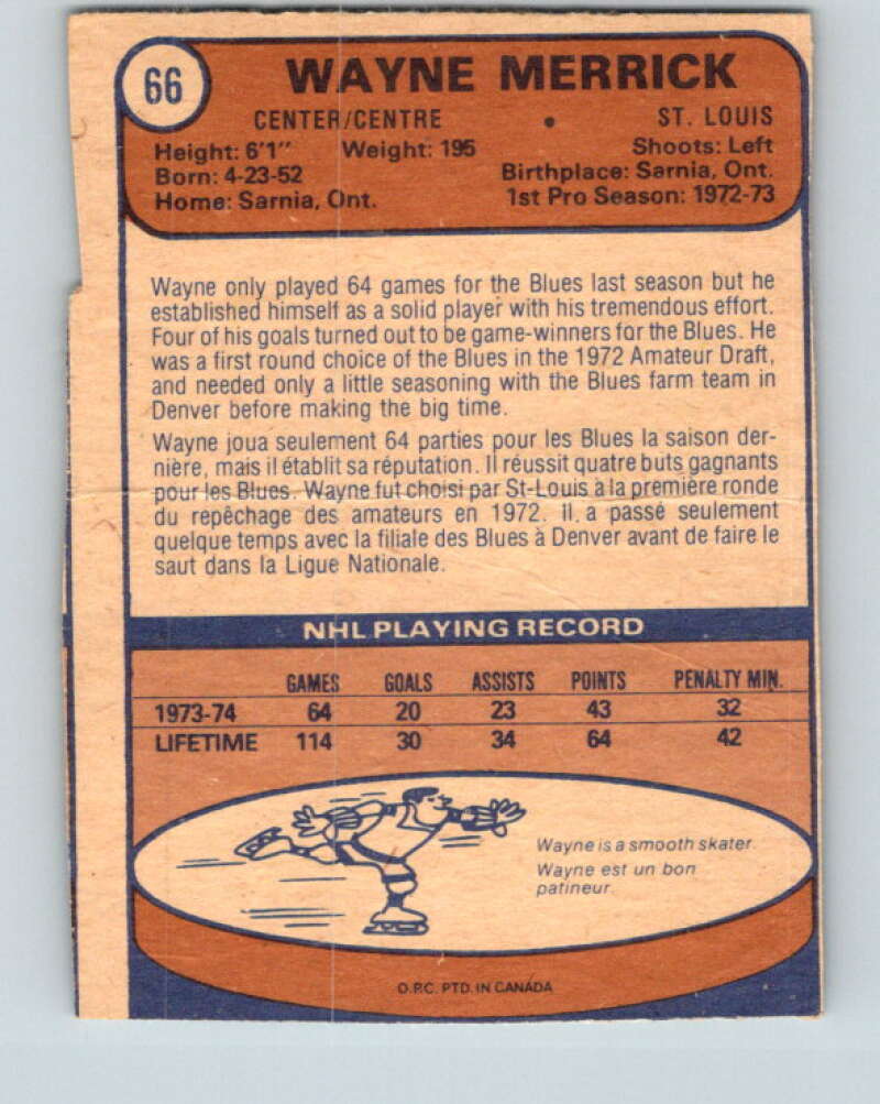 1974-75 O-Pee-Chee #66 Wayne Merrick  RC Rookie St. Louis Blues  V4359