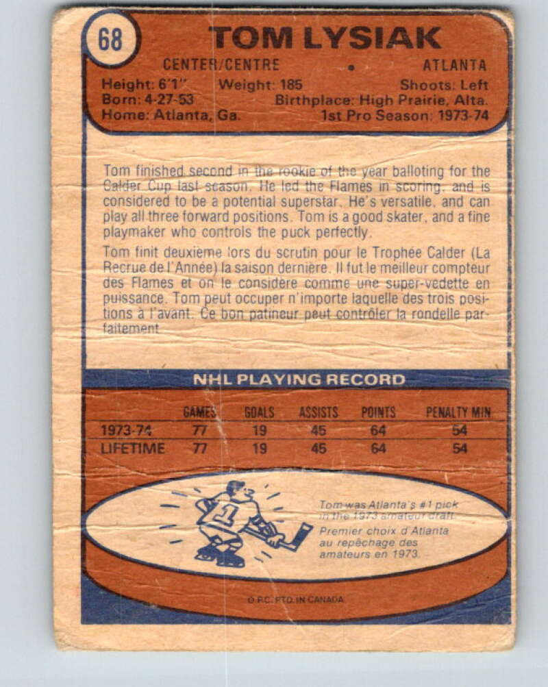 1974-75 O-Pee-Chee #68 Tom Lysiak  RC Rookie Atlanta Flames  V4361