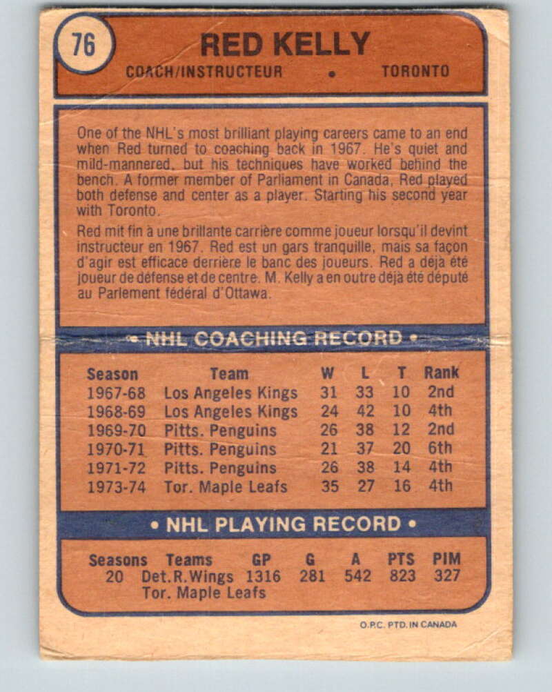 1974-75 O-Pee-Chee #76 Red Kelly CO  Toronto Maple Leafs  V4375