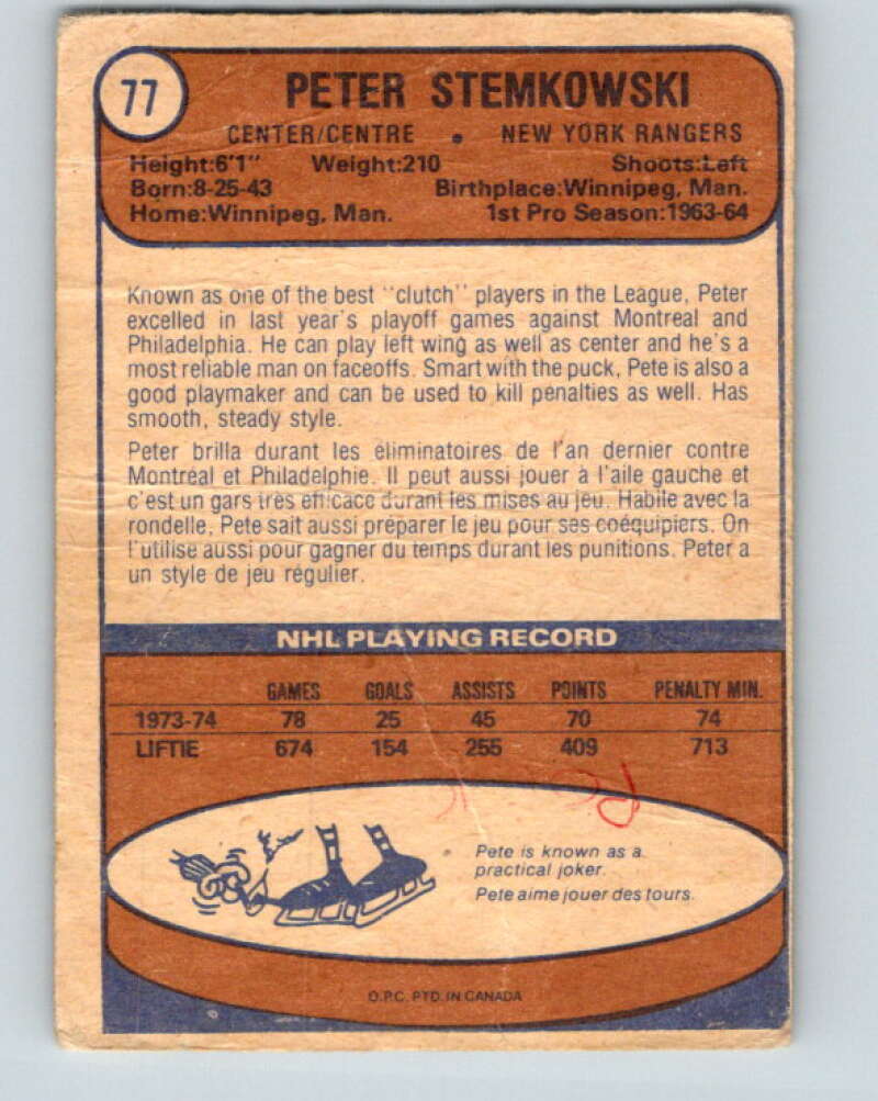 1974-75 O-Pee-Chee #77 Pete Stemkowski  New York Rangers  V4377