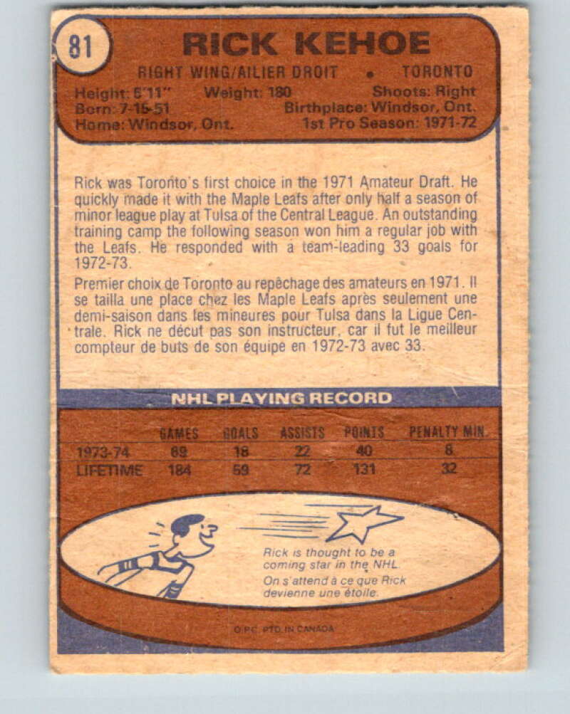 1974-75 O-Pee-Chee #81 Rick Kehoe  Toronto Maple Leafs  V4385