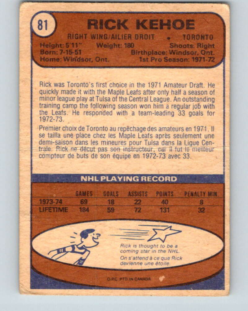 1974-75 O-Pee-Chee #81 Rick Kehoe  Toronto Maple Leafs  V4387