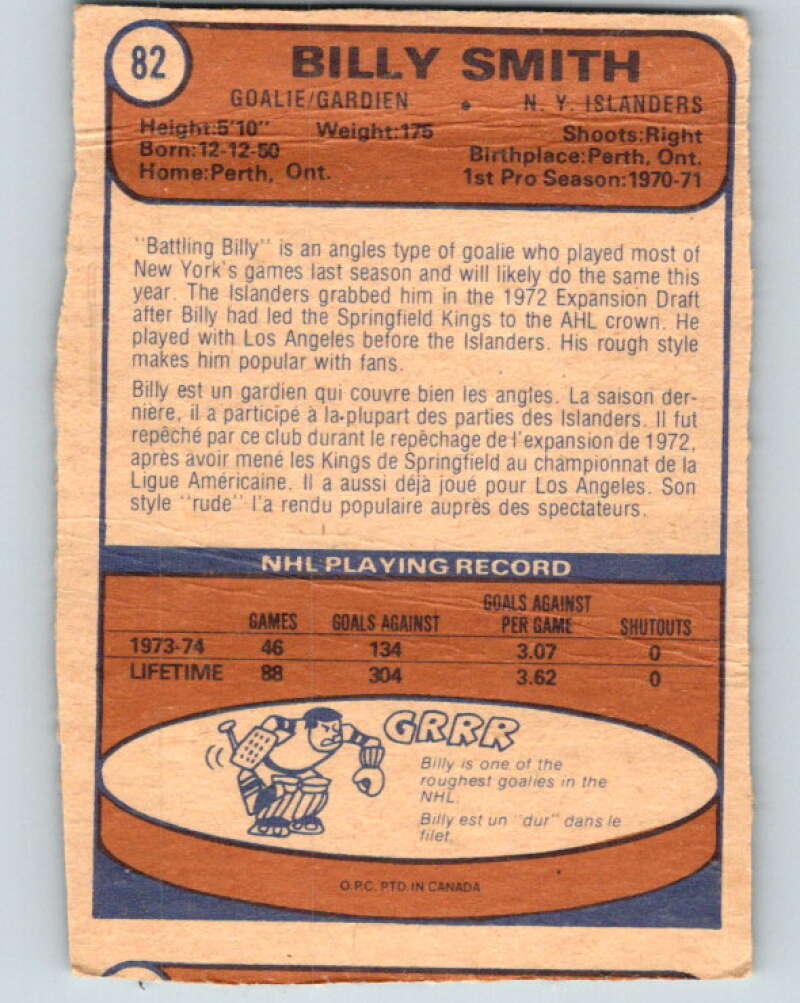1974-75 O-Pee-Chee #82 Billy Smith  New York Islanders  V4390