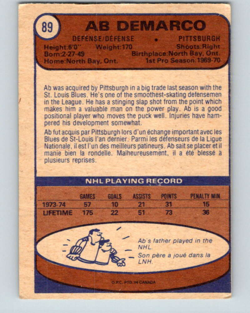 1974-75 O-Pee-Chee #89 Ab DeMarco  Pittsburgh Penguins  V4402