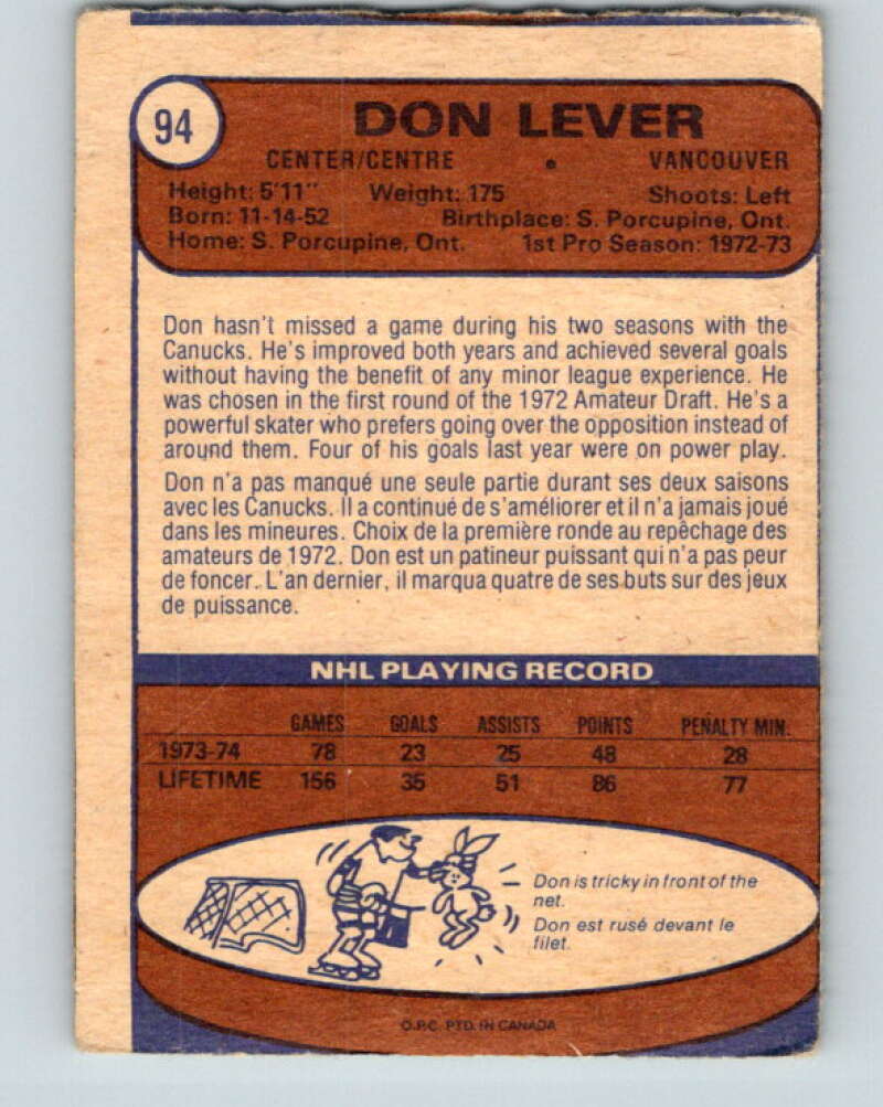 1974-75 O-Pee-Chee #94 Don Lever  Vancouver Canucks  V4412