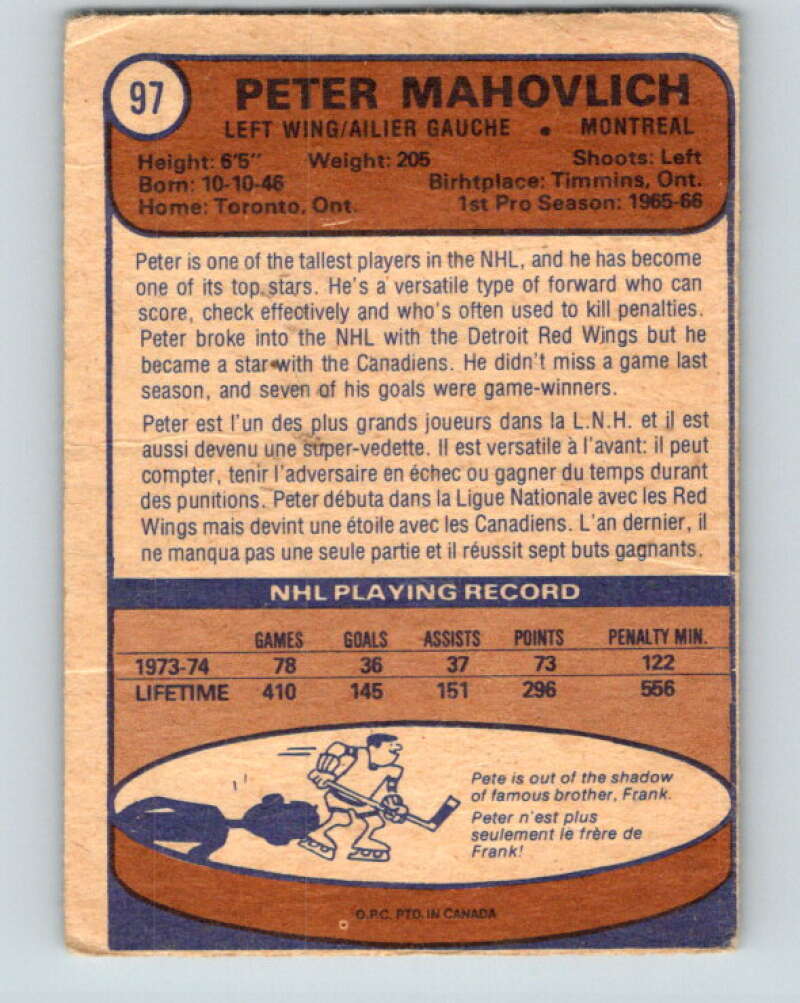 1974-75 O-Pee-Chee #97 Pete Mahovlich  Montreal Canadiens  V4417