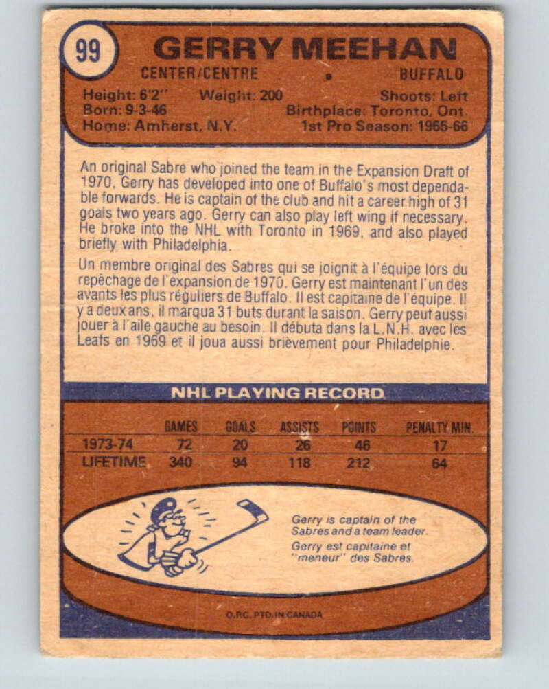 1974-75 O-Pee-Chee #99 Gerry Meehan  Buffalo Sabres  V4426