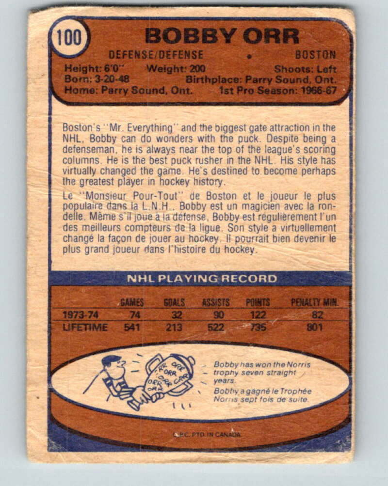 1974-75 O-Pee-Chee #100 Bobby Orr  Boston Bruins  V4435