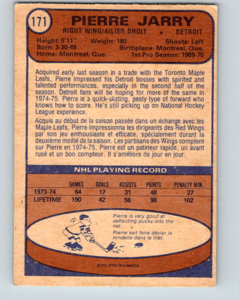1974-75 O-Pee-Chee #171 Pierre Jarry  Detroit Red Wings  V4619
