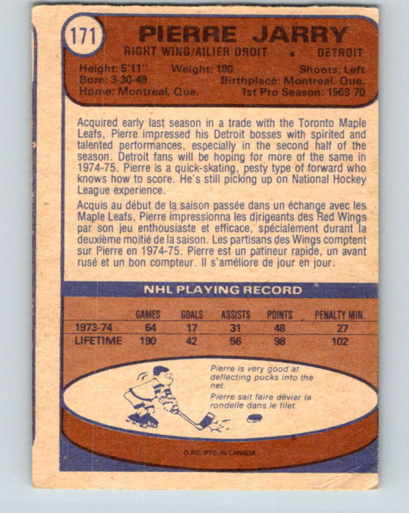 1974-75 O-Pee-Chee #171 Pierre Jarry  Detroit Red Wings  V4620