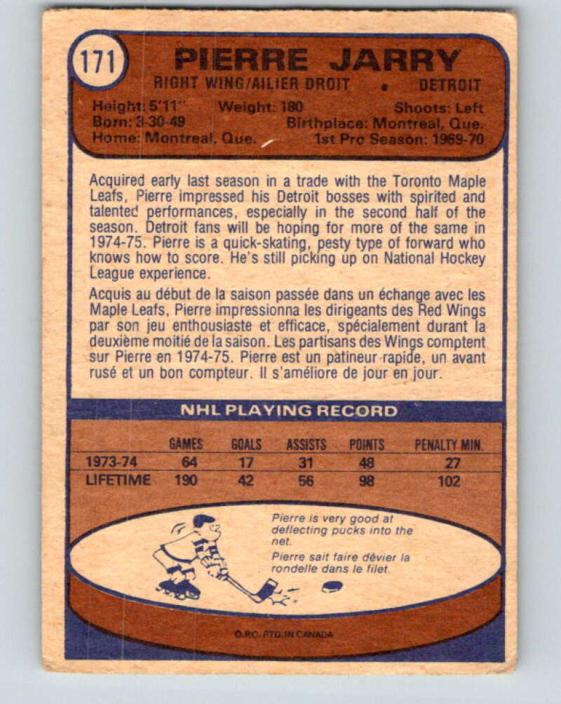 1974-75 O-Pee-Chee #171 Pierre Jarry  Detroit Red Wings  V4621