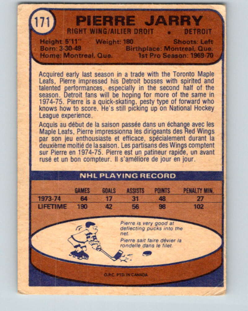 1974-75 O-Pee-Chee #171 Pierre Jarry  Detroit Red Wings  V4622