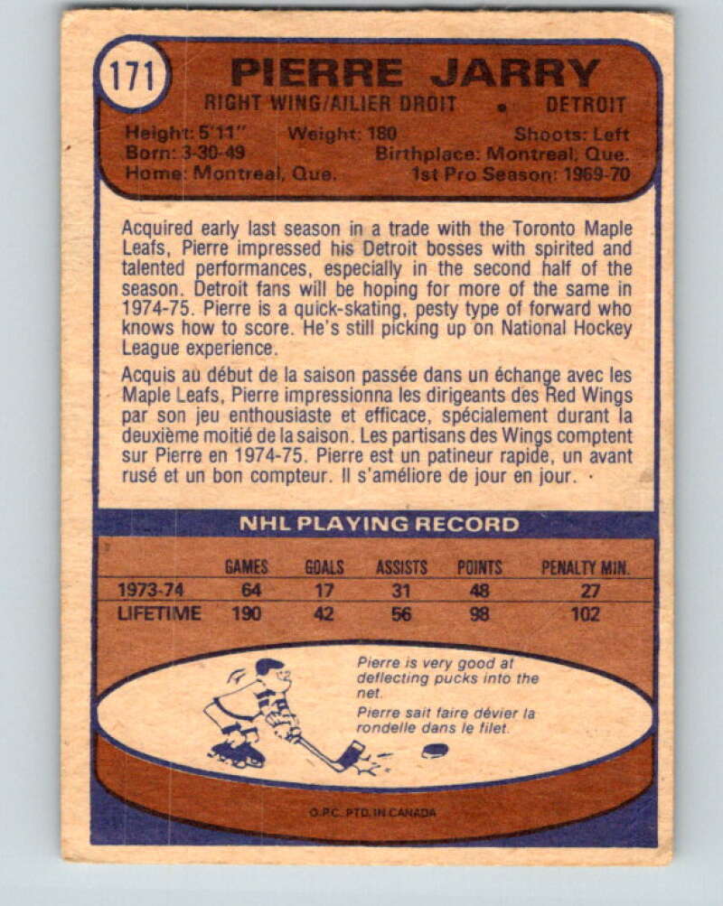 1974-75 O-Pee-Chee #171 Pierre Jarry  Detroit Red Wings  V4623