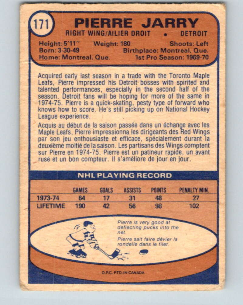 1974-75 O-Pee-Chee #171 Pierre Jarry  Detroit Red Wings  V4624