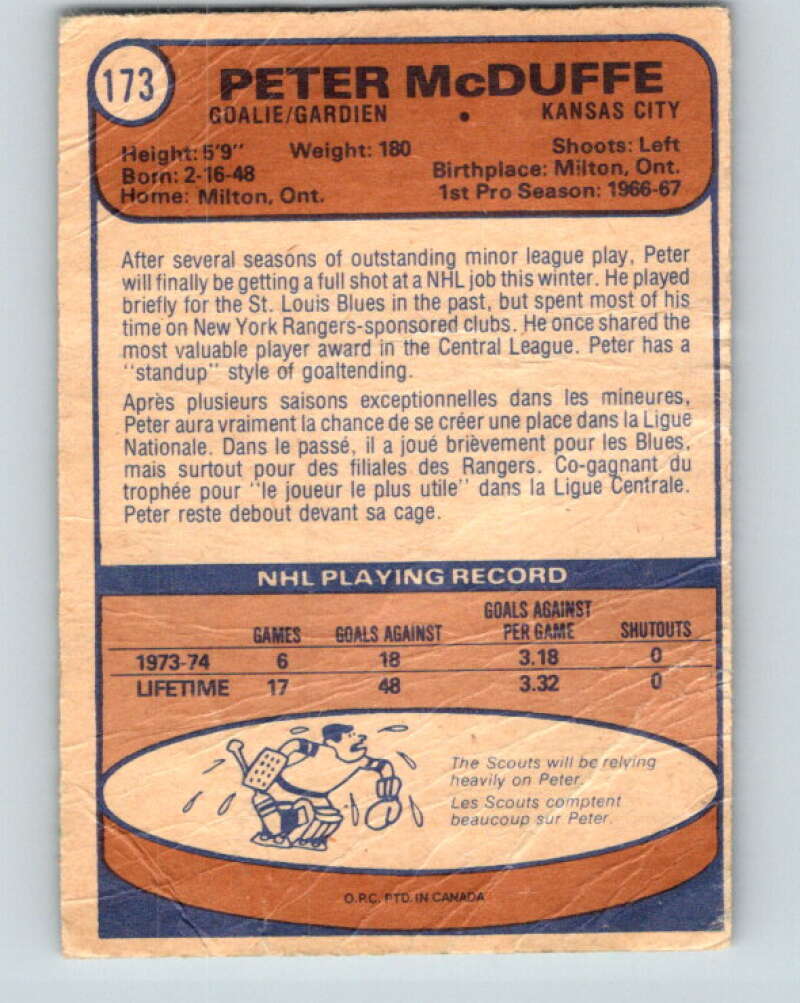 1974-75 O-Pee-Chee #173 Peter McDuffe  Kansas City Scouts  V4627