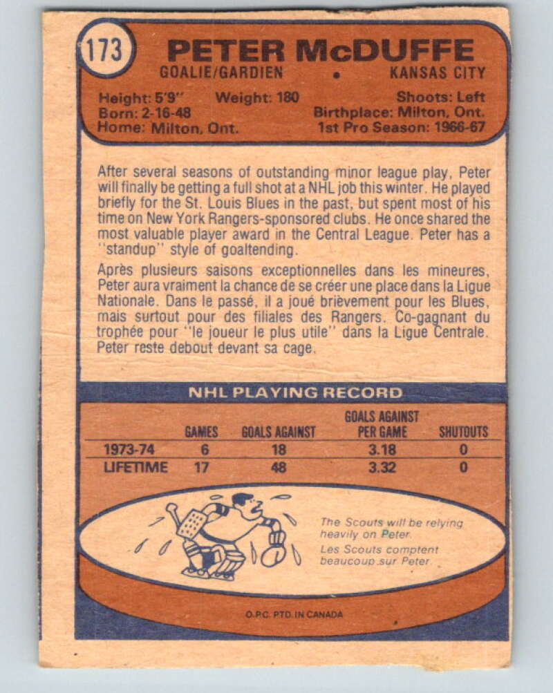 1974-75 O-Pee-Chee #173 Peter McDuffe  Kansas City Scouts  V4628