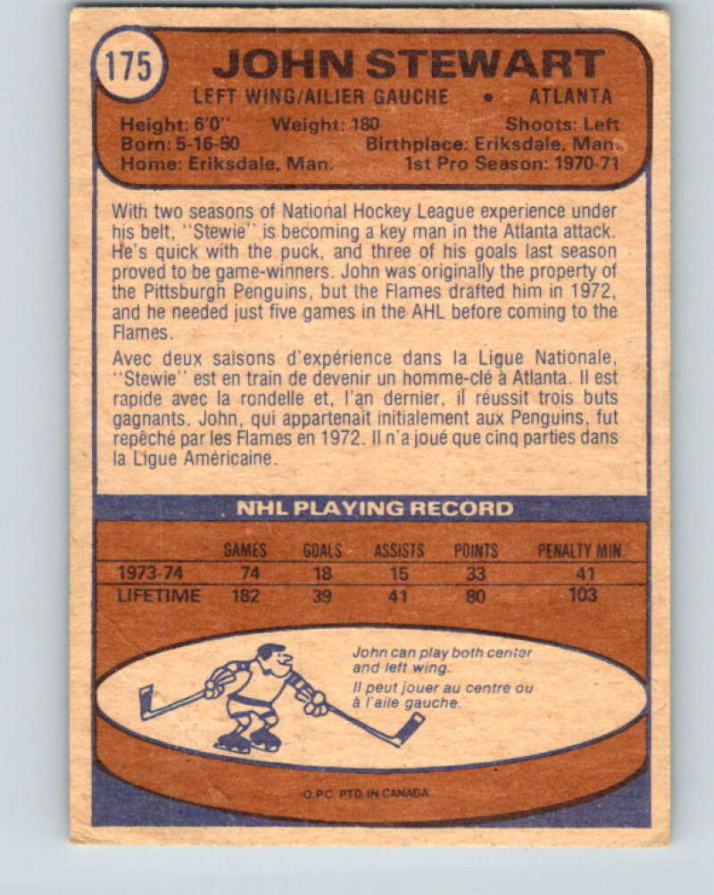 1974-75 O-Pee-Chee #175 John Stewart  RC Rookie California Golden Seals  V4633