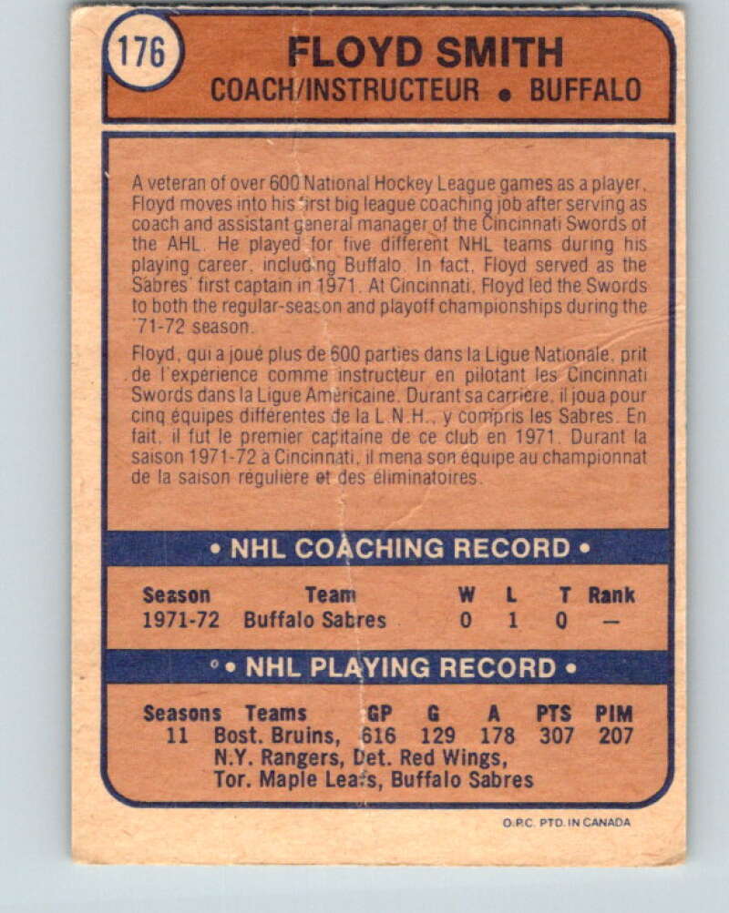 1974-75 O-Pee-Chee #176 Floyd Smith CO  Buffalo Sabres  V4635