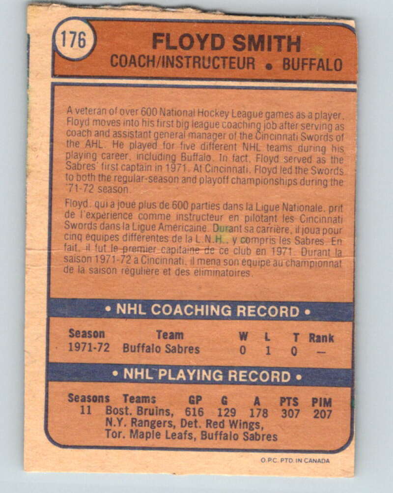 1974-75 O-Pee-Chee #176 Floyd Smith CO  Buffalo Sabres  V4637