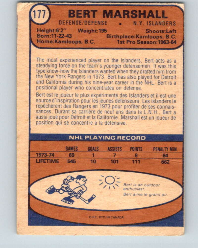 1974-75 O-Pee-Chee #177 Bert Marshall  New York Islanders  V4638