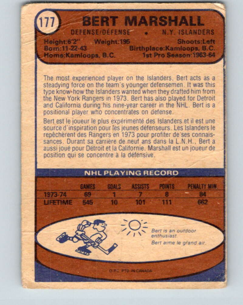 1974-75 O-Pee-Chee #177 Bert Marshall  New York Islanders  V4639