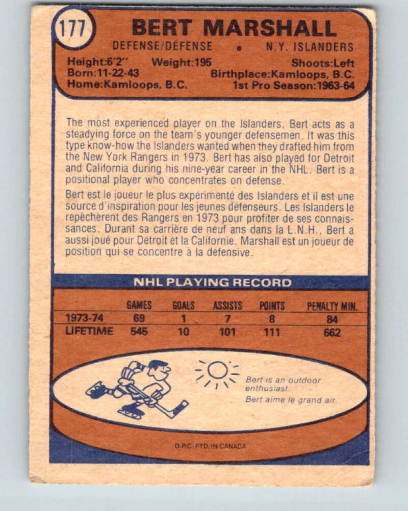 1974-75 O-Pee-Chee #177 Bert Marshall  New York Islanders  V4640