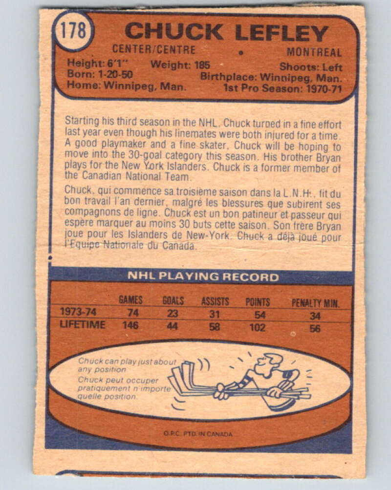 1974-75 O-Pee-Chee #178 Chuck Lefley UER  Montreal Canadiens  V4641