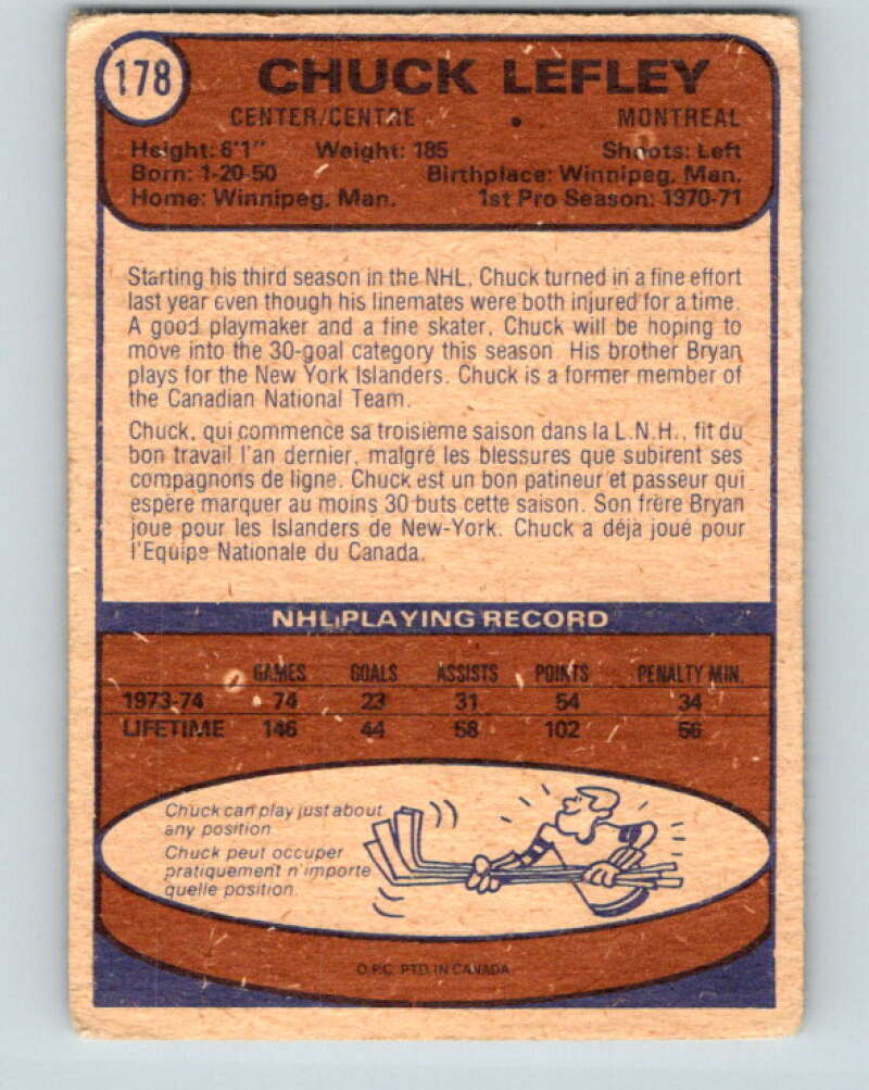 1974-75 O-Pee-Chee #178 Chuck Lefley UER  Montreal Canadiens  V4643