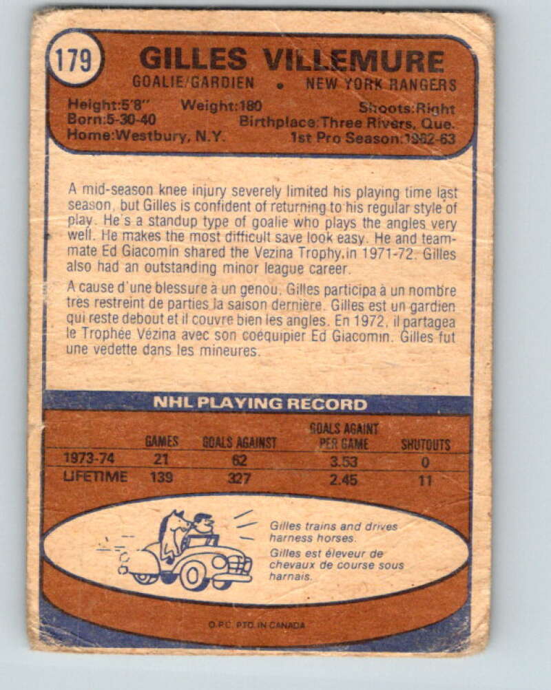 1974-75 O-Pee-Chee #179 Gilles Villemure  New York Rangers  V4646