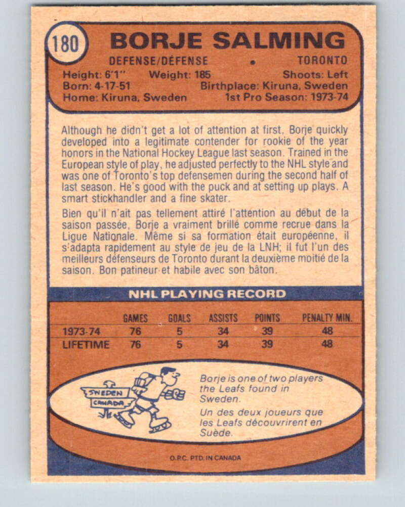 1974-75 O-Pee-Chee #180 Borje Salming  RC Rookie Toronto Maple Leafs  V4649