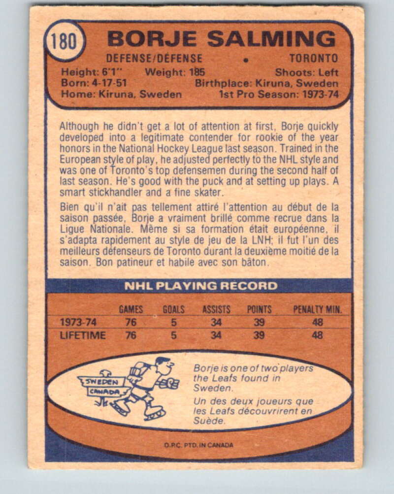 1974-75 O-Pee-Chee #180 Borje Salming  RC Rookie Toronto Maple Leafs  V4650