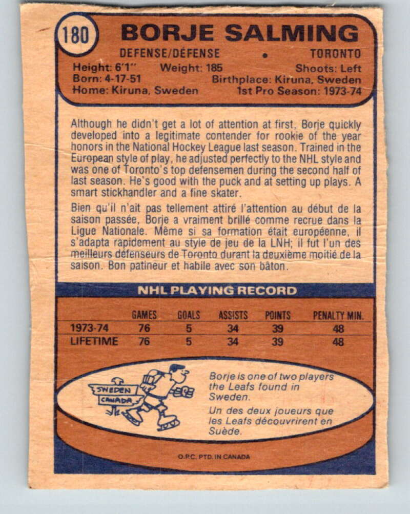 1974-75 O-Pee-Chee #180 Borje Salming  RC Rookie Toronto Maple Leafs  V4651