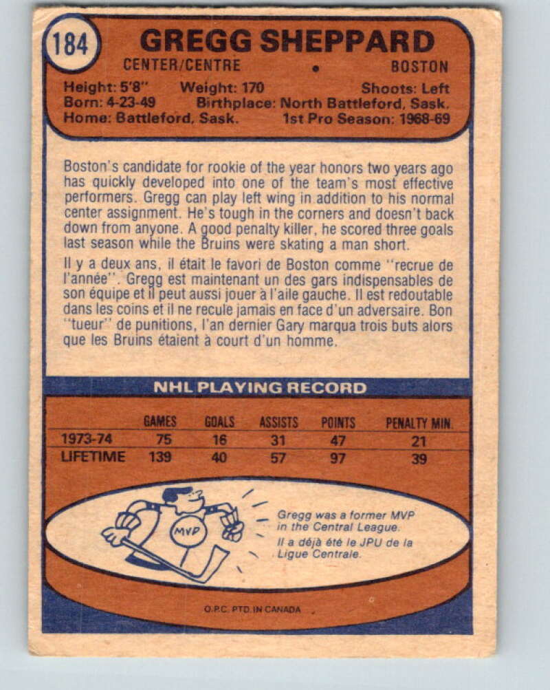 1974-75 O-Pee-Chee #184 Gregg Sheppard  Boston Bruins  V4656