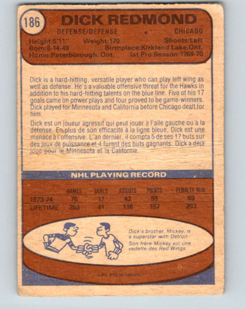 1974-75 O-Pee-Chee #186 Dick Redmond  Chicago Blackhawks  V4658