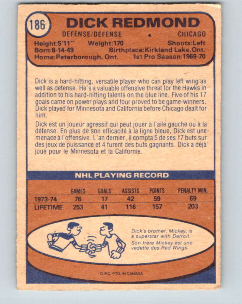 1974-75 O-Pee-Chee #186 Dick Redmond  Chicago Blackhawks  V4661