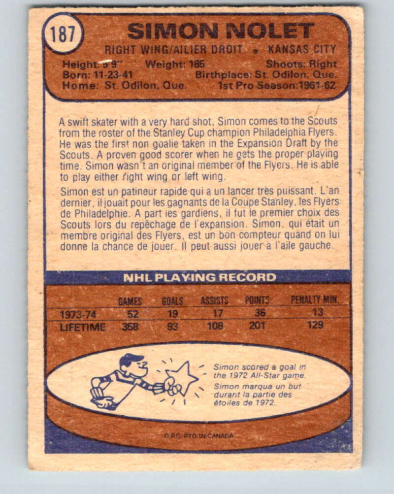 1974-75 O-Pee-Chee #187 Simon Nolet  Kansas City Scouts  V4662