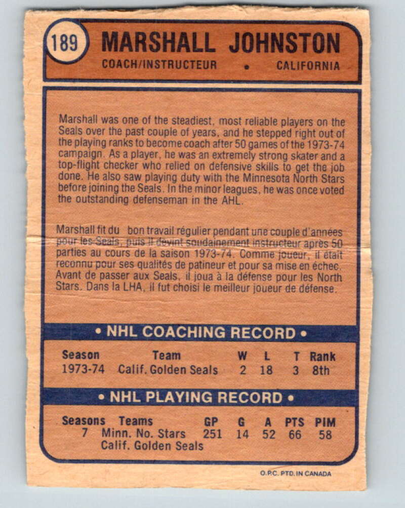 1974-75 O-Pee-Chee #189 Marshall Johnston  California Golden Seals  V4667