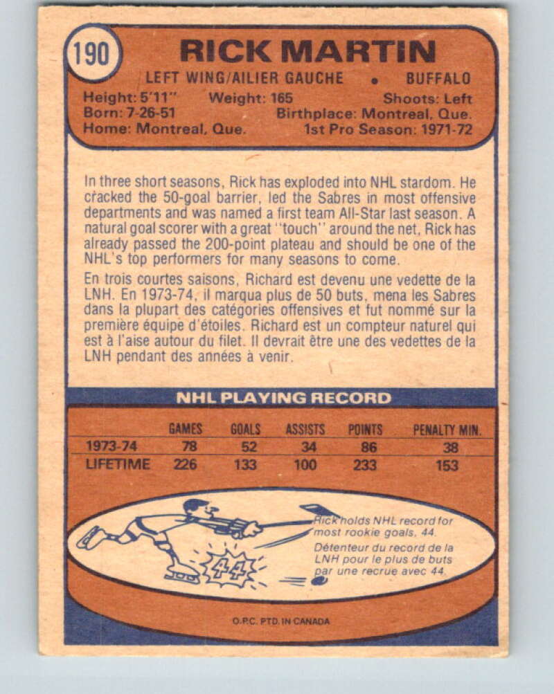 1974-75 O-Pee-Chee #190 Rick Martin  Buffalo Sabres  V4668