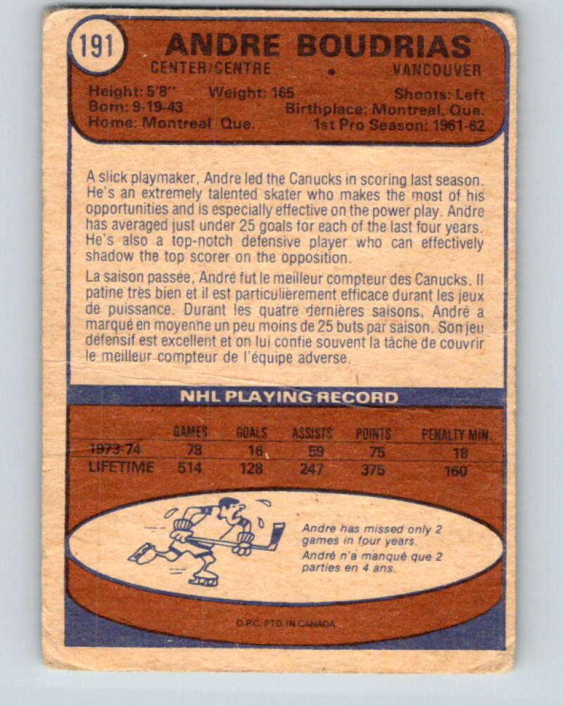 1974-75 O-Pee-Chee #191 Andre Boudrias  Vancouver Canucks  V4671