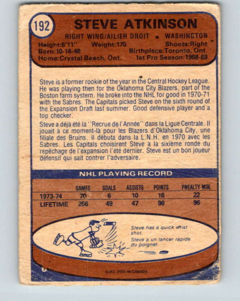 1974-75 O-Pee-Chee #192 Steve Atkinson  Washington Capitals  V4673