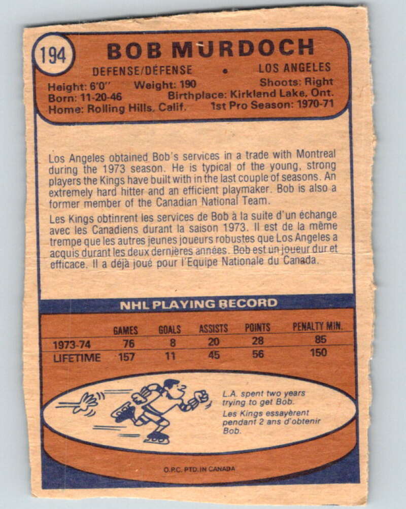 1974-75 O-Pee-Chee #194 Bob Murdoch  RC Rookie Los Angeles Kings  V4674