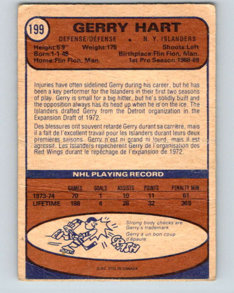 1974-75 O-Pee-Chee #199 Gerry Hart  New York Islanders  V4691