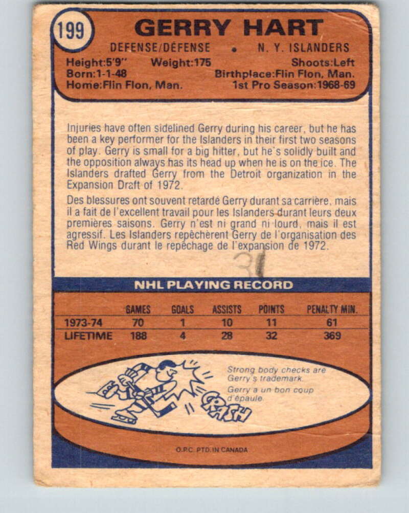 1974-75 O-Pee-Chee #199 Gerry Hart  New York Islanders  V4692