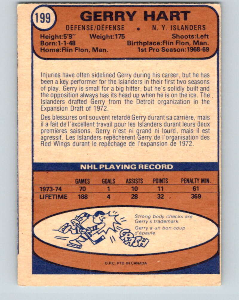 1974-75 O-Pee-Chee #199 Gerry Hart  New York Islanders  V4694